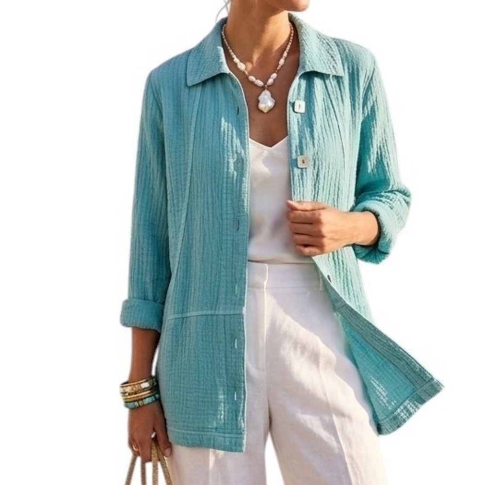 Habitat Clothes To Live In Turquoise Crinkle Button Front Shirt Pockets Small